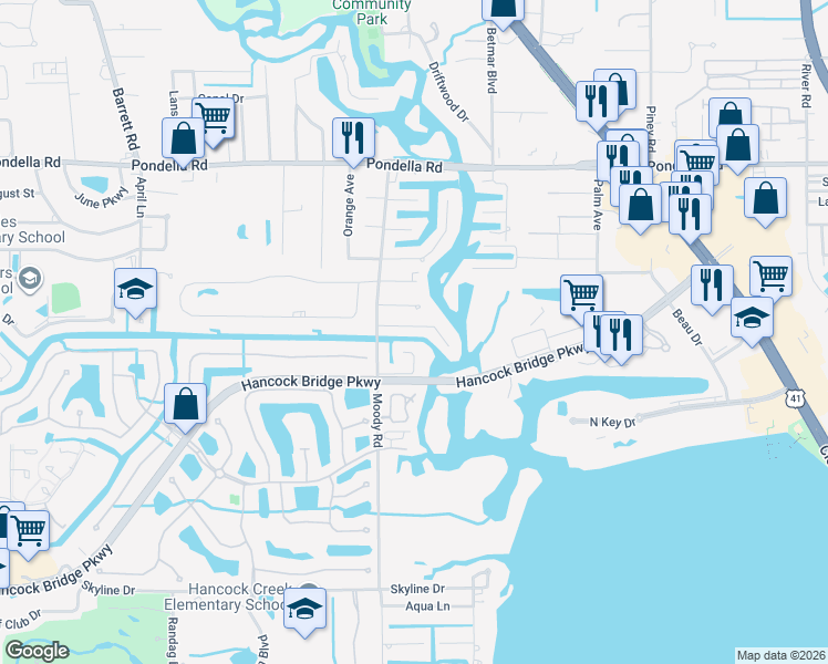 map of restaurants, bars, coffee shops, grocery stores, and more near 233 Anchor Way in North Fort Myers