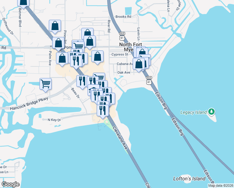 map of restaurants, bars, coffee shops, grocery stores, and more near 13180 North Cleveland Avenue in North Fort Myers