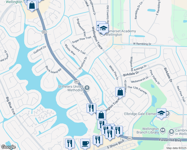 map of restaurants, bars, coffee shops, grocery stores, and more near 1332 Waterway Cove Drive in Wellington