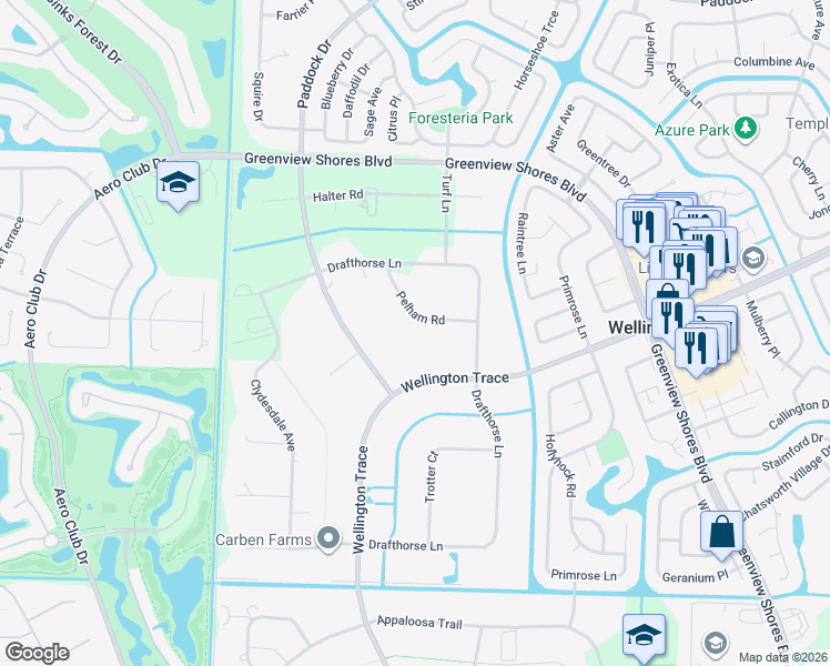 map of restaurants, bars, coffee shops, grocery stores, and more near 1401 Pelham Road in Wellington