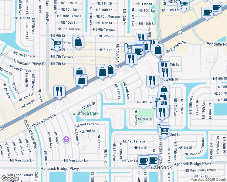 map of restaurants, bars, coffee shops, grocery stores, and more near 409 Northeast 13th Avenue in Cape Coral