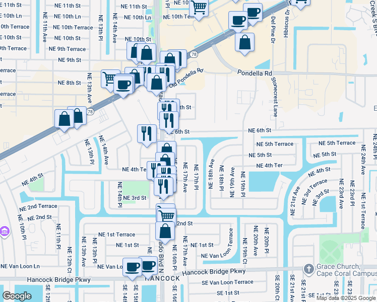 map of restaurants, bars, coffee shops, grocery stores, and more near 415 Northeast 17th Avenue in Cape Coral