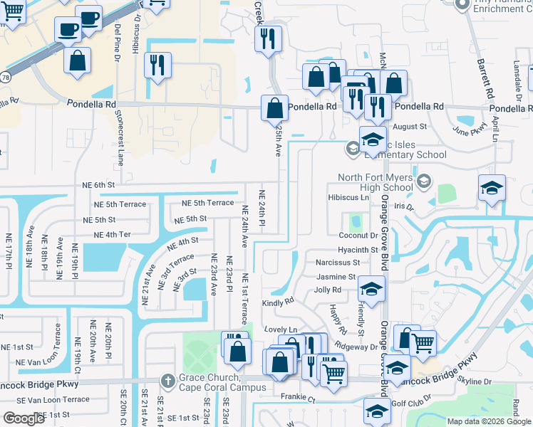map of restaurants, bars, coffee shops, grocery stores, and more near 414 Northeast 25th Avenue in Cape Coral