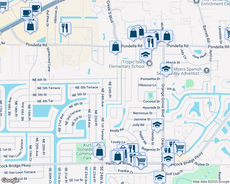 map of restaurants, bars, coffee shops, grocery stores, and more near 414 Northeast 25th Avenue in Cape Coral
