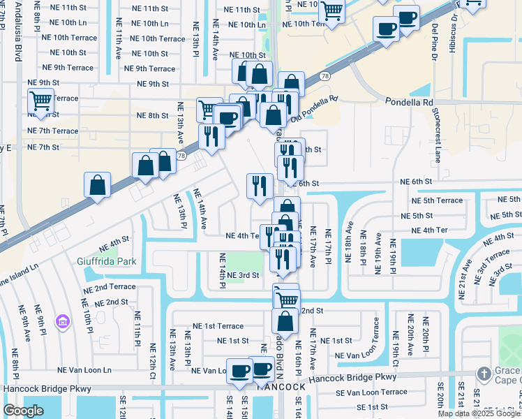 map of restaurants, bars, coffee shops, grocery stores, and more near 1532 Northeast 4th Lane in Cape Coral