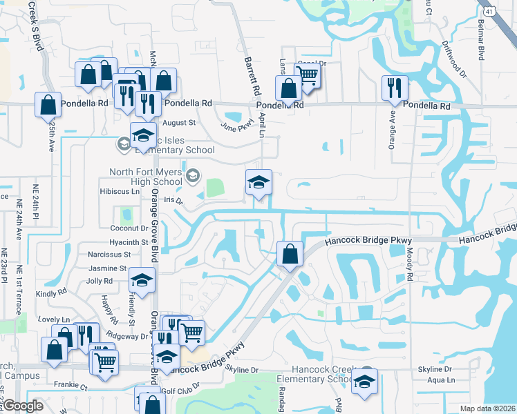 map of restaurants, bars, coffee shops, grocery stores, and more near 9308 Palm Island Circle in North Fort Myers