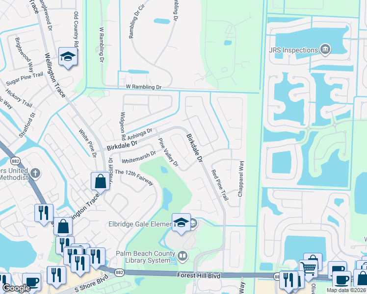 map of restaurants, bars, coffee shops, grocery stores, and more near 1382 Pinetta Circle in Wellington