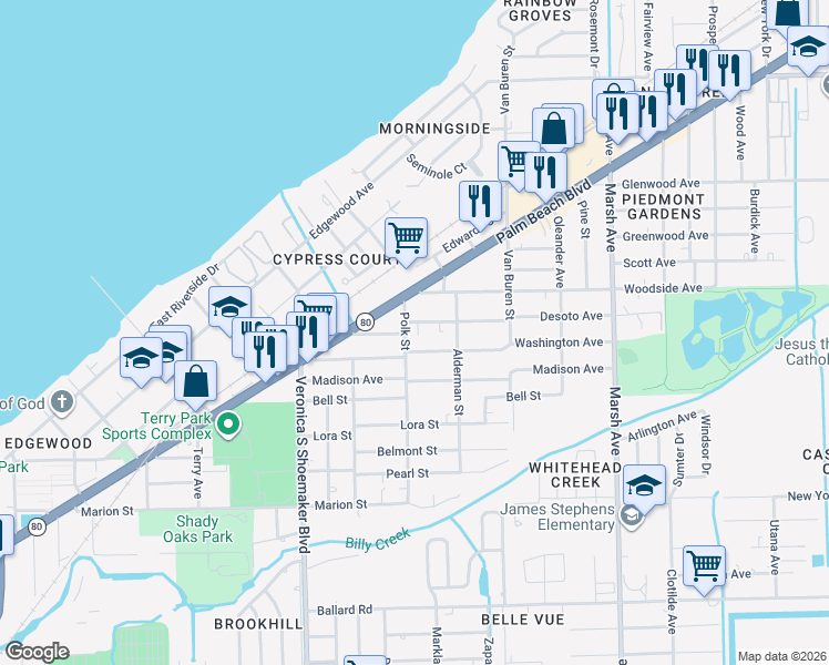map of restaurants, bars, coffee shops, grocery stores, and more near 3838 Washington Avenue in Fort Myers