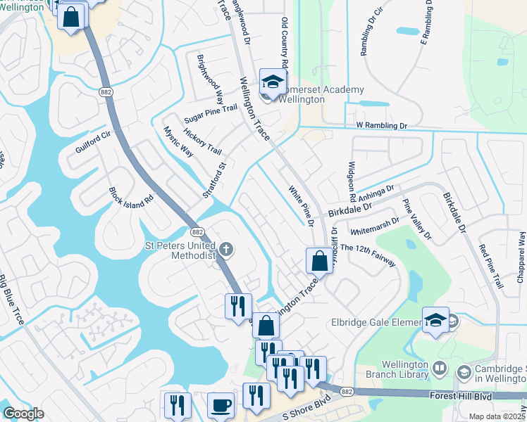 map of restaurants, bars, coffee shops, grocery stores, and more near 1424 Waterway Cove Drive in Wellington