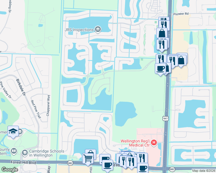 map of restaurants, bars, coffee shops, grocery stores, and more near 10448 Galleria Street in Wellington