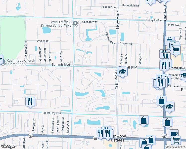 map of restaurants, bars, coffee shops, grocery stores, and more near 1164 Summit Trail Circle in West Palm Beach