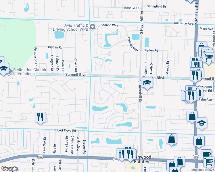 map of restaurants, bars, coffee shops, grocery stores, and more near 1164 Summit Trail Circle in West Palm Beach