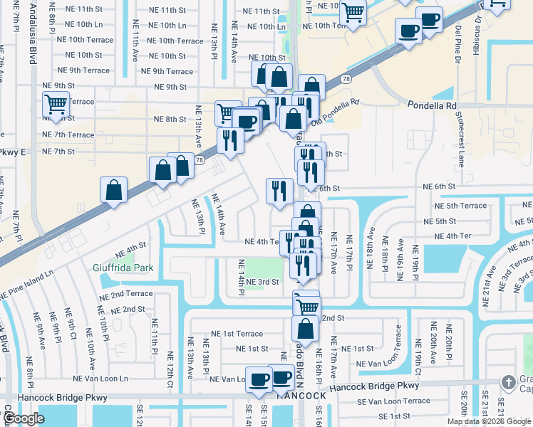 map of restaurants, bars, coffee shops, grocery stores, and more near 426 Northeast 15th Place in Cape Coral