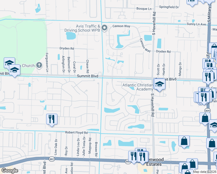 map of restaurants, bars, coffee shops, grocery stores, and more near 1080 Summit Place Circle in West Palm Beach