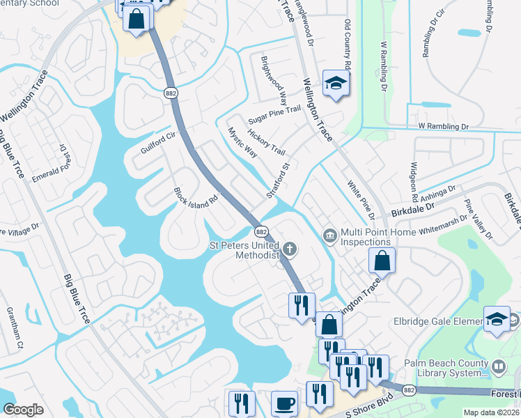 map of restaurants, bars, coffee shops, grocery stores, and more near 1335 Essex Drive in Wellington