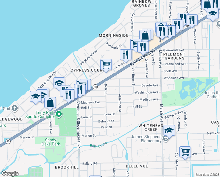 map of restaurants, bars, coffee shops, grocery stores, and more near 3824 Desoto Avenue in Fort Myers