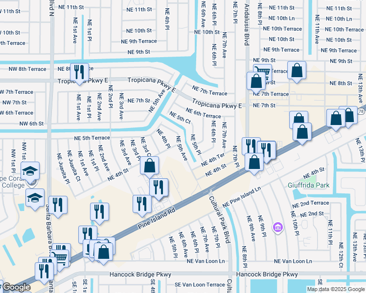 map of restaurants, bars, coffee shops, grocery stores, and more near 451 Northeast 5th Avenue in Cape Coral