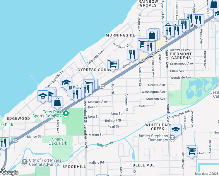 map of restaurants, bars, coffee shops, grocery stores, and more near 3783 Desoto Avenue in Fort Myers