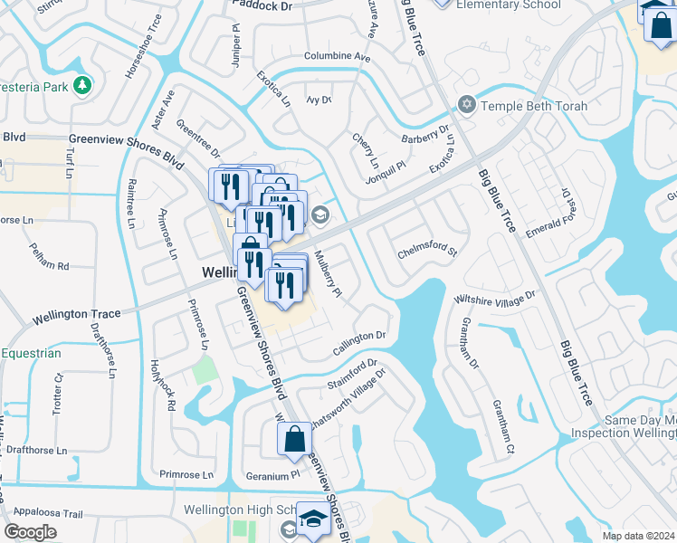 map of restaurants, bars, coffee shops, grocery stores, and more near 1025 Staghorn Street in Wellington