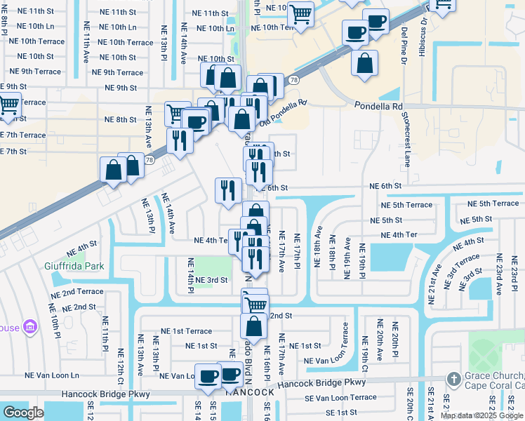 map of restaurants, bars, coffee shops, grocery stores, and more near 441 Del Prado Boulevard North in Cape Coral
