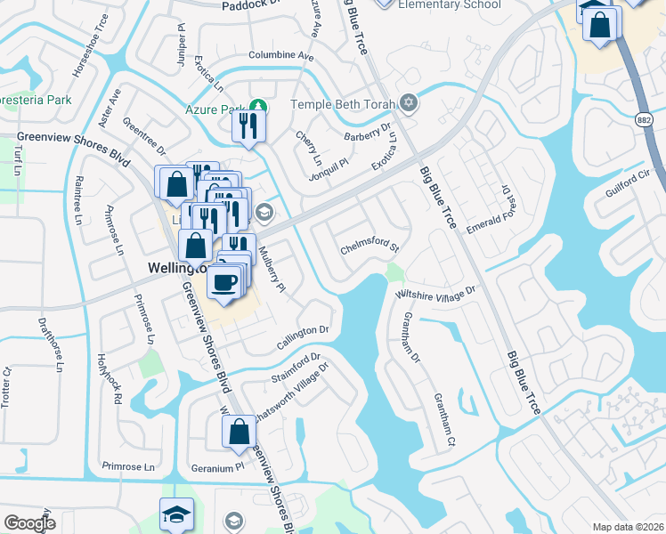 map of restaurants, bars, coffee shops, grocery stores, and more near 13521 Northumberland Circle in Wellington