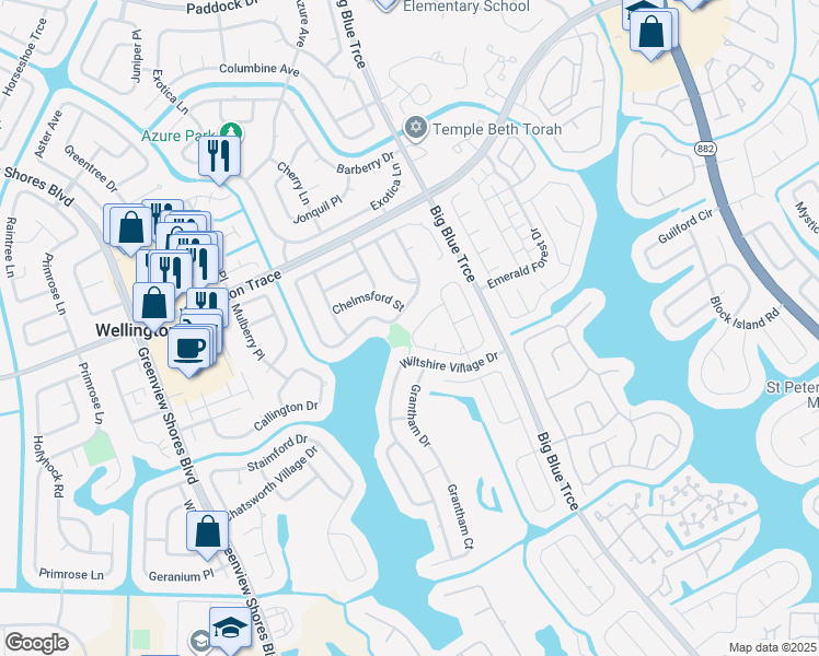 map of restaurants, bars, coffee shops, grocery stores, and more near 13424 Northumberland Circle in Wellington