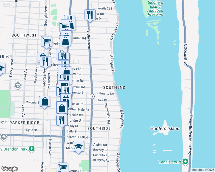 map of restaurants, bars, coffee shops, grocery stores, and more near 112 Ellamar Road in West Palm Beach