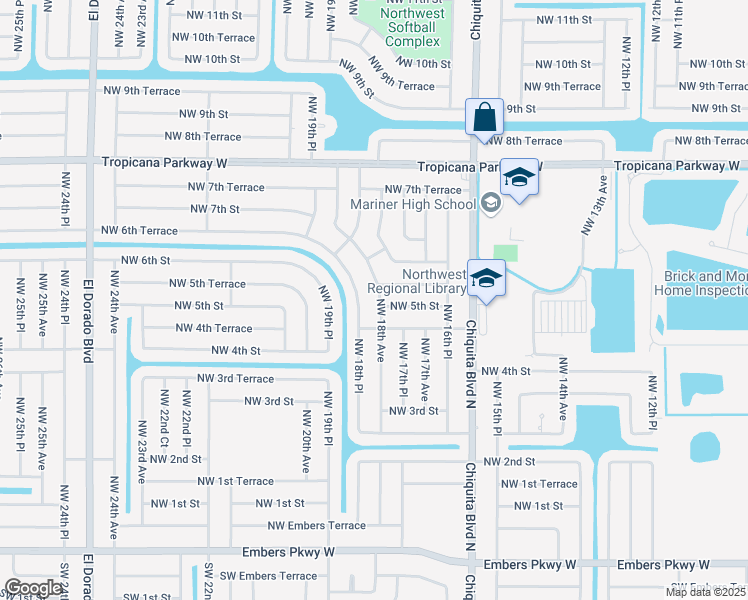 map of restaurants, bars, coffee shops, grocery stores, and more near 504 Northwest 18th Avenue in Cape Coral