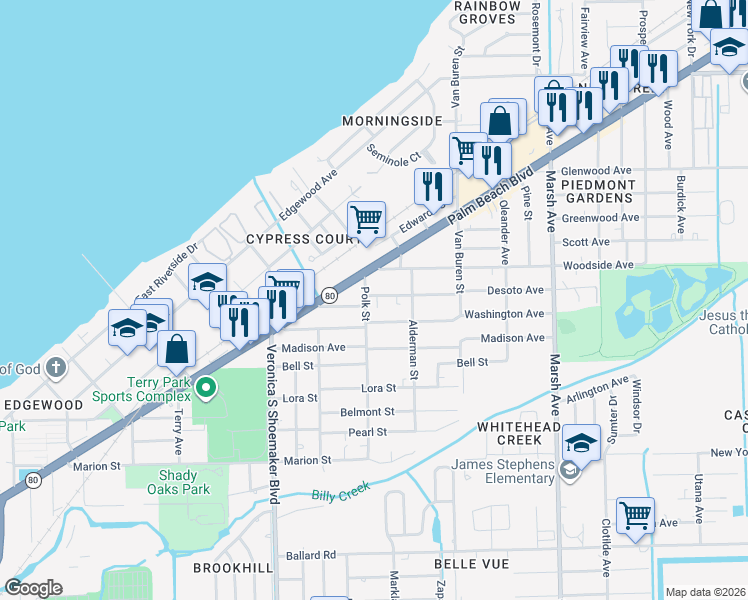 map of restaurants, bars, coffee shops, grocery stores, and more near 3839 Desoto Avenue in Fort Myers