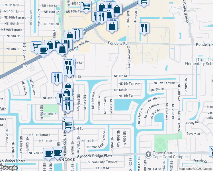 map of restaurants, bars, coffee shops, grocery stores, and more near 1906 Northeast 5th Terrace in Cape Coral