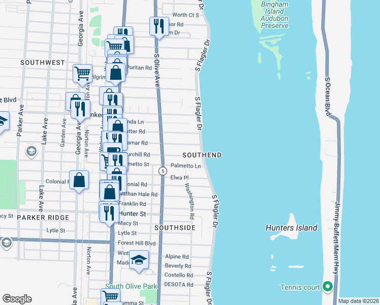 map of restaurants, bars, coffee shops, grocery stores, and more near 112 Ellamar Road in West Palm Beach