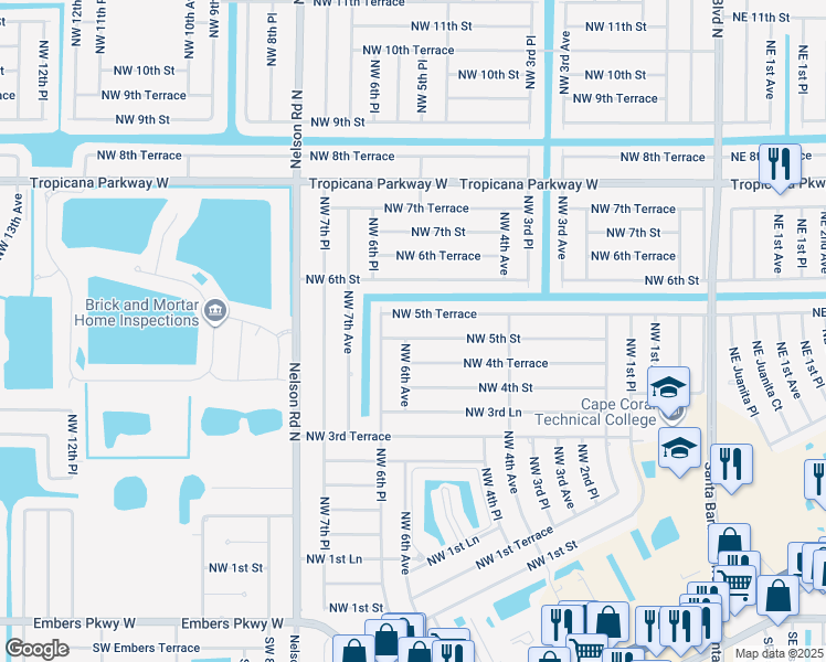 map of restaurants, bars, coffee shops, grocery stores, and more near 509 Northwest 5th Terrace in Cape Coral