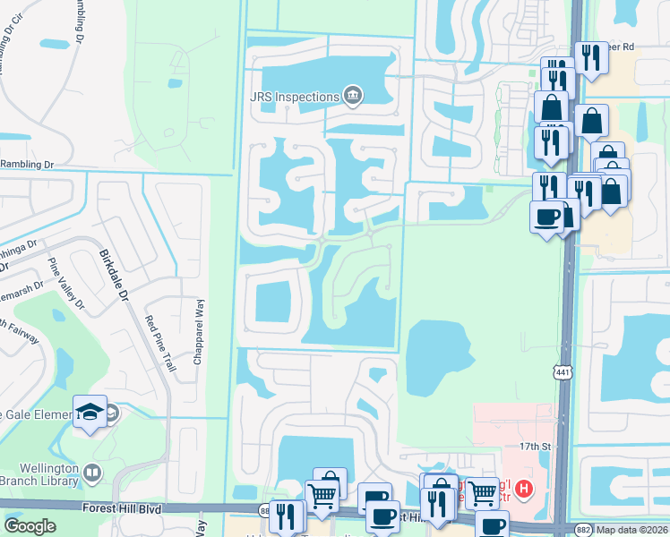 map of restaurants, bars, coffee shops, grocery stores, and more near 10537 Galleria Street in Wellington