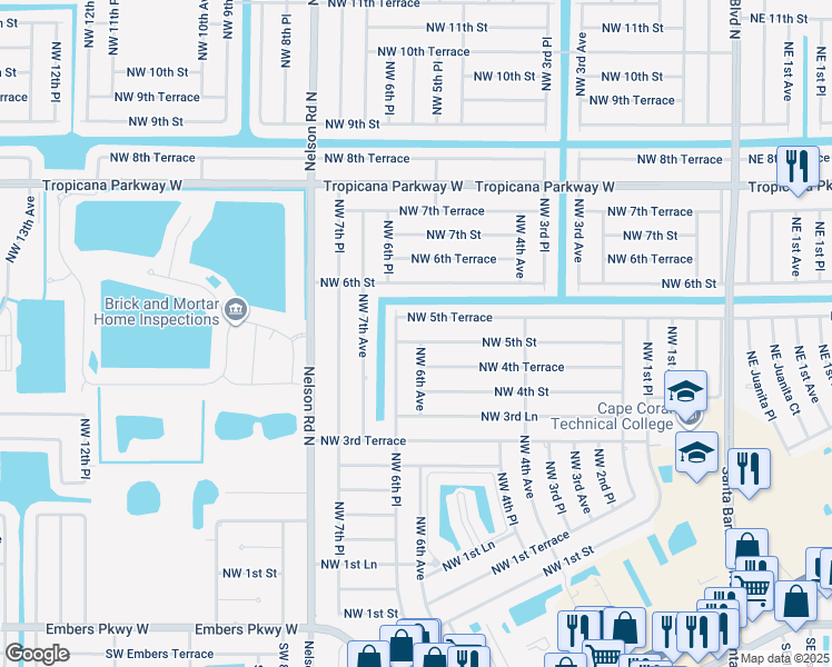 map of restaurants, bars, coffee shops, grocery stores, and more near 603 Northwest 5th Street in Cape Coral