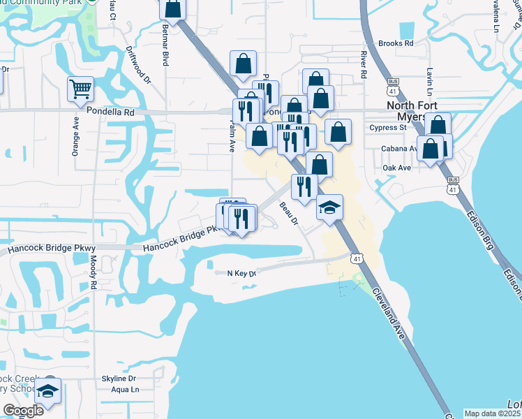 map of restaurants, bars, coffee shops, grocery stores, and more near 3426 Hancock Bridge Parkway in North Fort Myers
