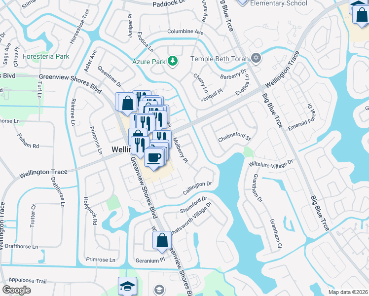 map of restaurants, bars, coffee shops, grocery stores, and more near 13712 Lavender Lane in Wellington