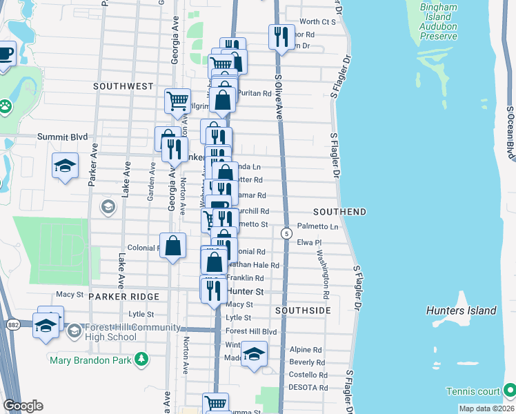 map of restaurants, bars, coffee shops, grocery stores, and more near 340 Ellamar Road in West Palm Beach