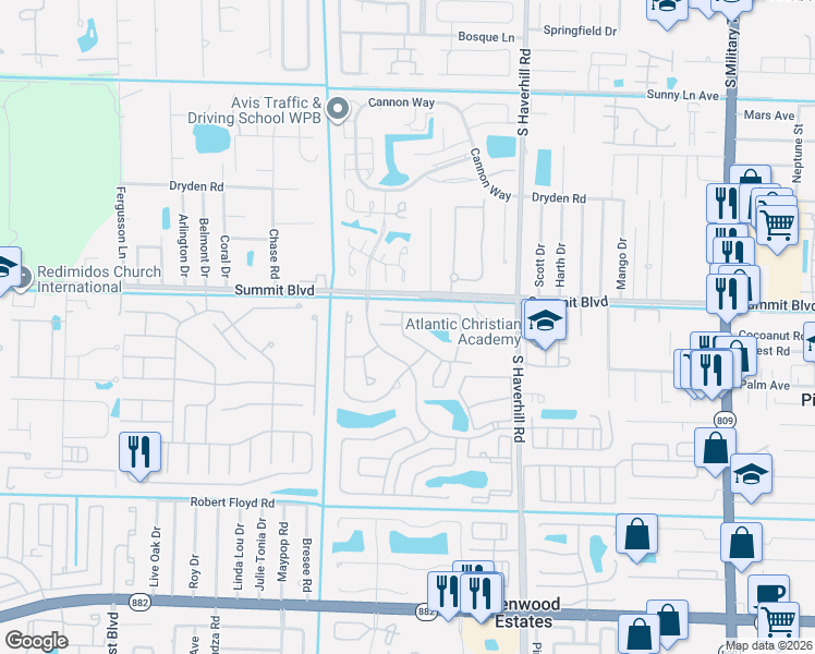 map of restaurants, bars, coffee shops, grocery stores, and more near 1098 Summit Trail Circle in West Palm Beach