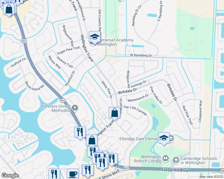 map of restaurants, bars, coffee shops, grocery stores, and more near 1314 White Pine Drive in Wellington