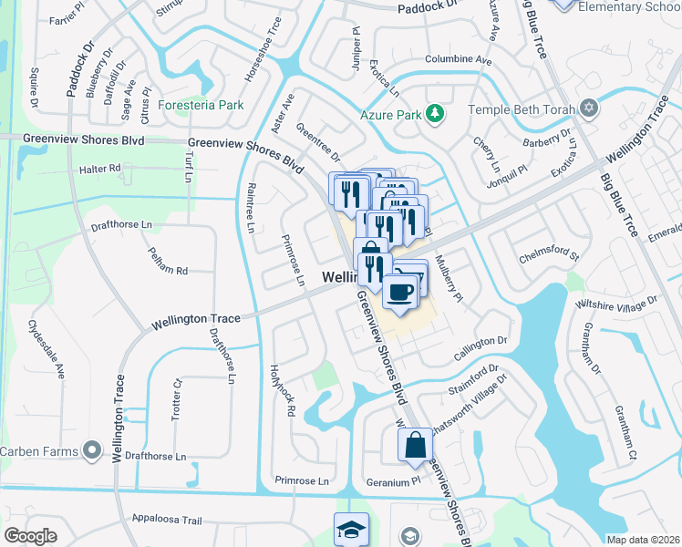 map of restaurants, bars, coffee shops, grocery stores, and more near 14041 Wellington Trace in Wellington