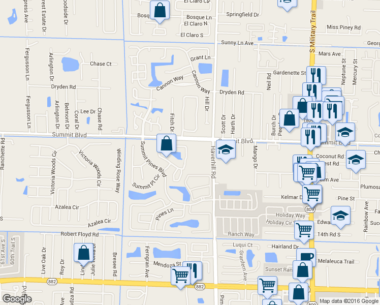map of restaurants, bars, coffee shops, grocery stores, and more near 1056 Summit Trail Circle in West Palm Beach