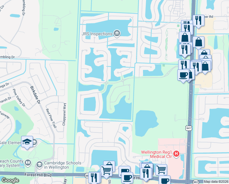 map of restaurants, bars, coffee shops, grocery stores, and more near 10523 Galleria Street in Wellington
