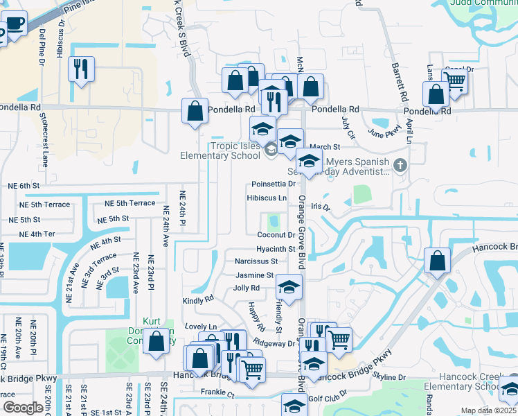 map of restaurants, bars, coffee shops, grocery stores, and more near 957 Lakeview Drive in North Fort Myers