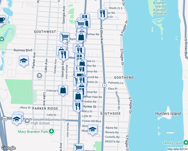 map of restaurants, bars, coffee shops, grocery stores, and more near 340 Ellamar Road in West Palm Beach