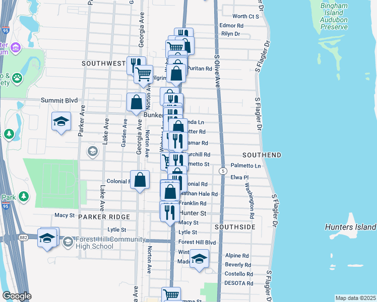 map of restaurants, bars, coffee shops, grocery stores, and more near 375 Churchill Road in West Palm Beach