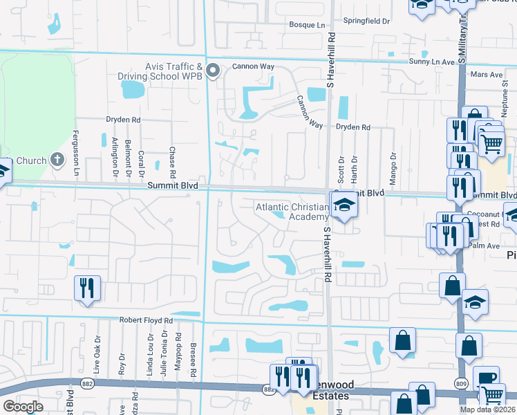 map of restaurants, bars, coffee shops, grocery stores, and more near 1139 Summit Trail Circle in West Palm Beach