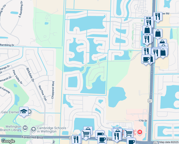 map of restaurants, bars, coffee shops, grocery stores, and more near 10535 Galleria Street in Wellington