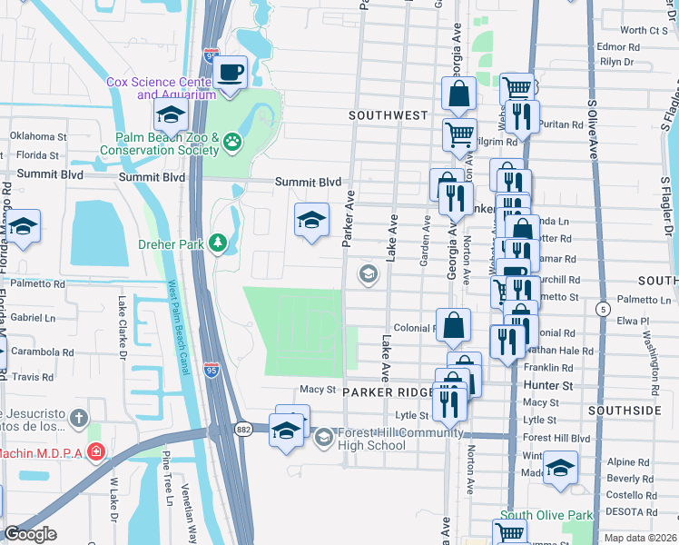 map of restaurants, bars, coffee shops, grocery stores, and more near 901 Churchill Road in West Palm Beach