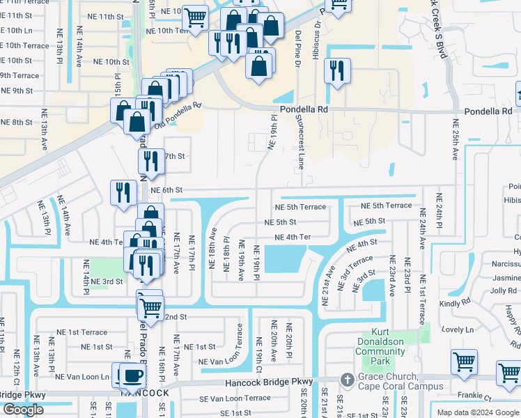 map of restaurants, bars, coffee shops, grocery stores, and more near 511 Northeast 19th Place in Cape Coral