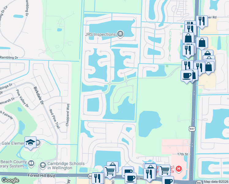 map of restaurants, bars, coffee shops, grocery stores, and more near 10535 Galleria Street in Wellington